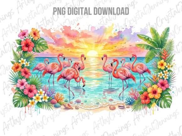 Download Tropical Flamingo Sunset Watercolor PNG - Tropical flamingo Collection
